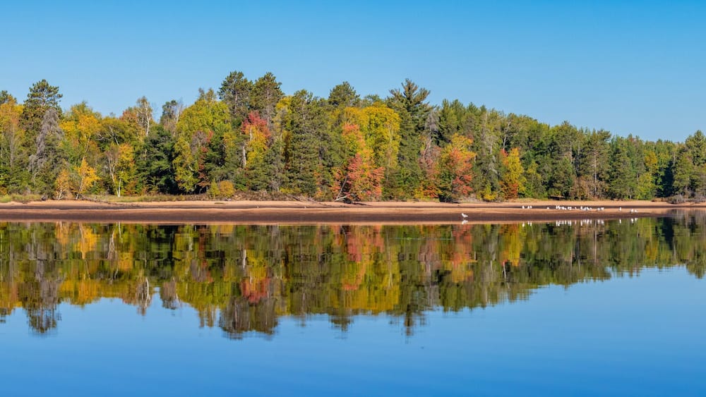 Colorful trees on Lake Nokomis, Tomahawk Wisconsin at the end of Septmber