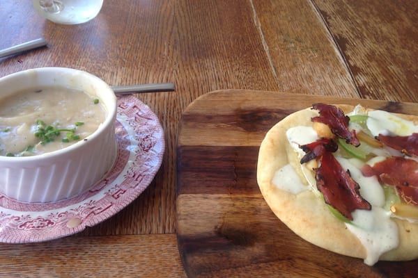 Duck and dumplings soup (amazing) and flat bread. Get here and way this now!