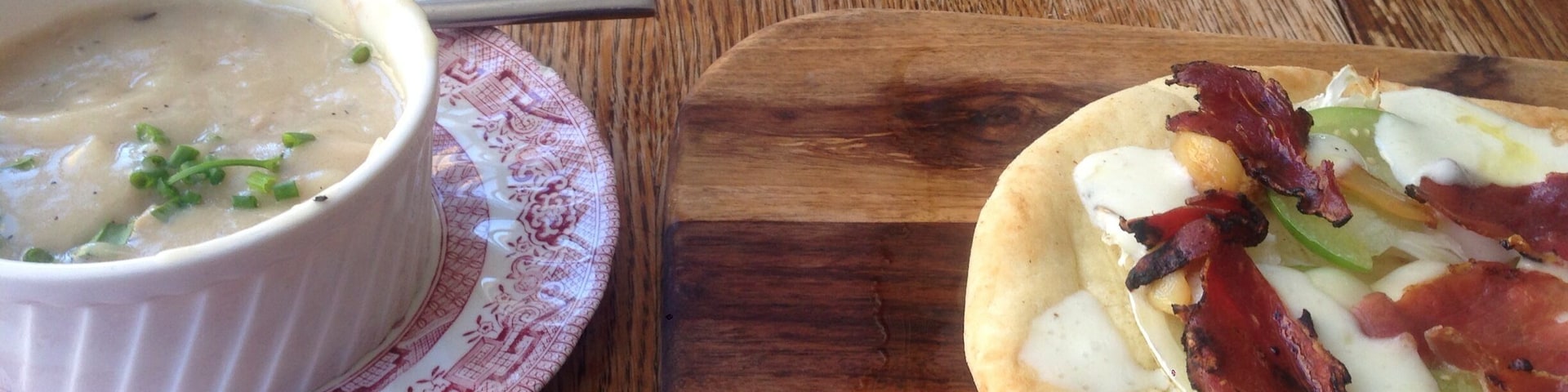 Duck and dumplings soup (amazing) and flat bread. Get here and way this now!