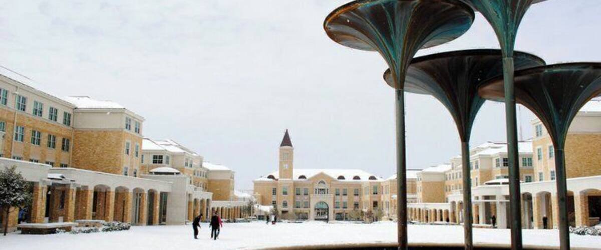 Texas Christian University's Campus Commons. This is the center of the residential side of campus during the winter snow of December of 2010.
In front is the iconic frog fountain a longtime symbol for TCU's campus and behind it is the BLUU. A beautiful campus.
#snow #architecture #Fortworth #TCU