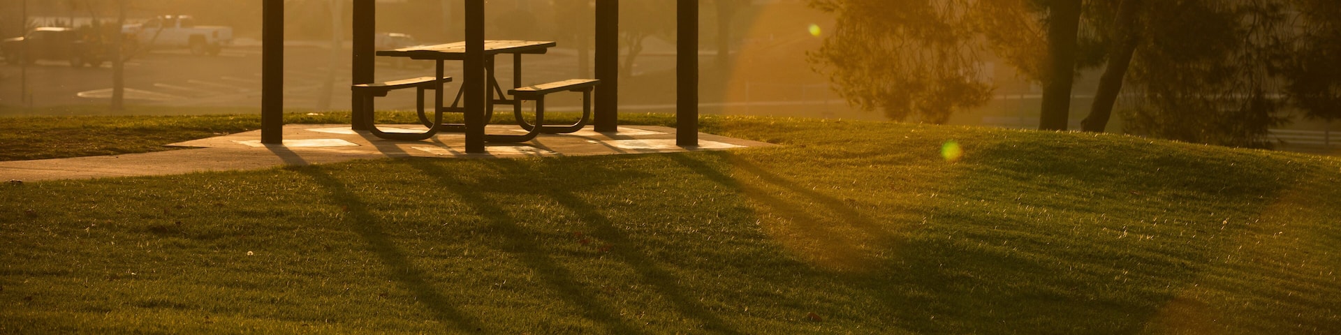 Sunset view of a public park in Fullerton, California, USA.