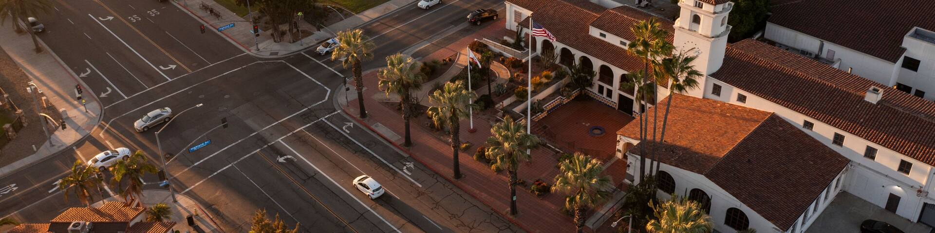 Sunset light shines on the historic downtown City Hall of Fullerton, California, USA.