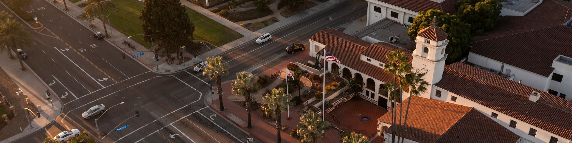 Sunset light shines on the historic downtown City Hall of Fullerton, California, USA.