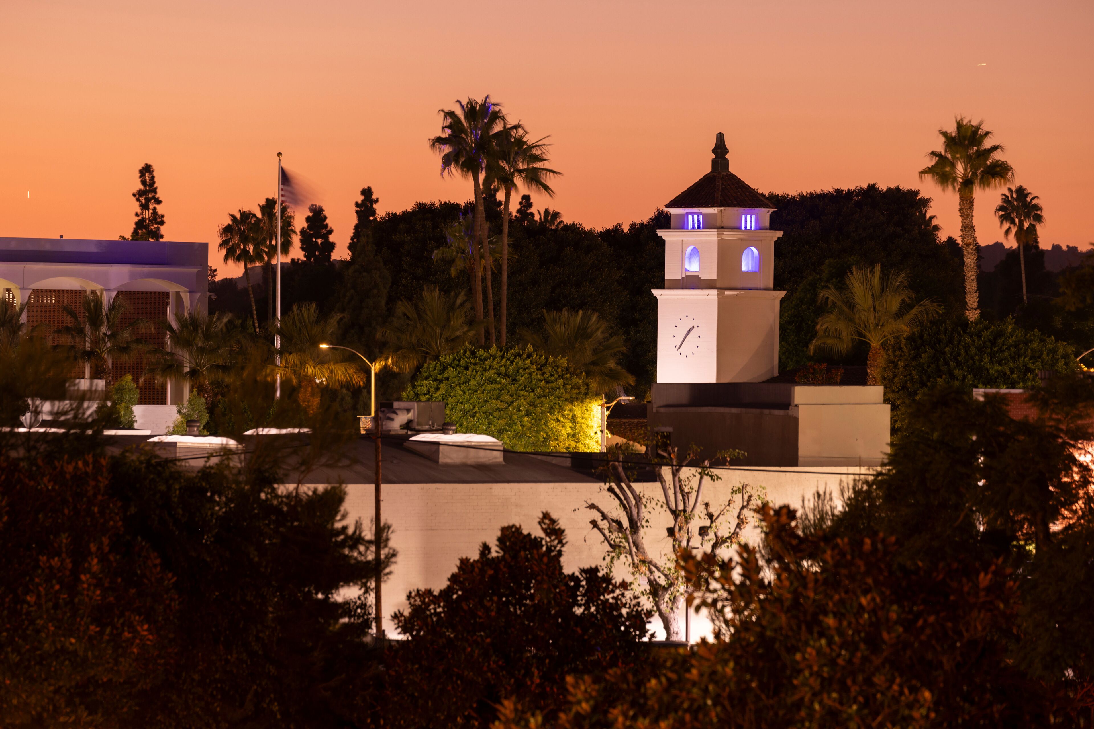 Sunset light shines on the historic downtown City Hall of Fullerton, California, USA.
