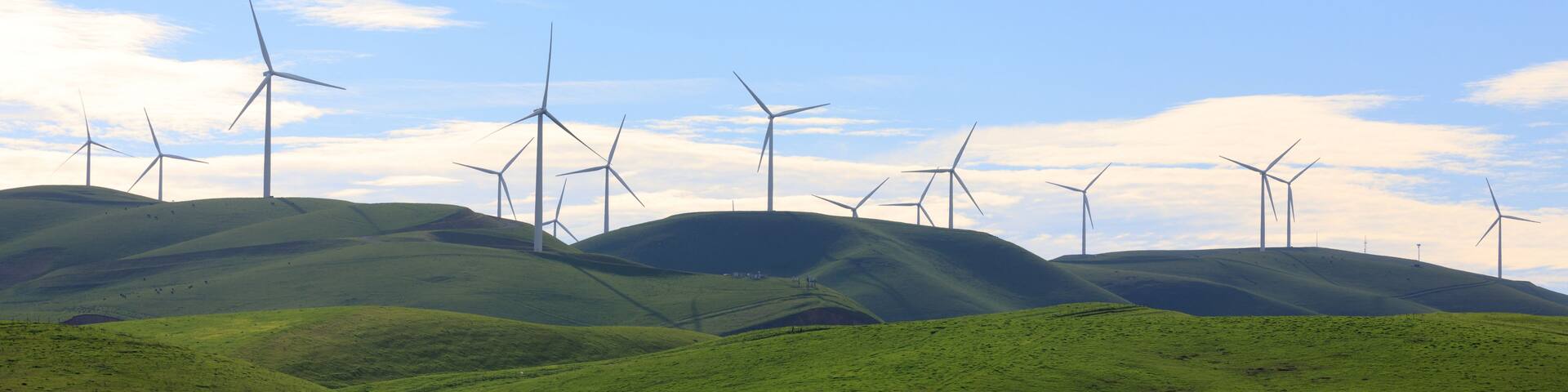 A landscape with rolling green hills and multiple wind turbines.
