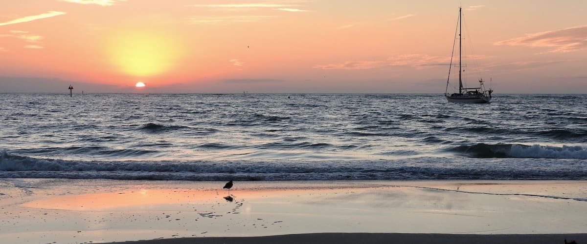 A sunset over the ocean with a sailboat and a bird on the beach.