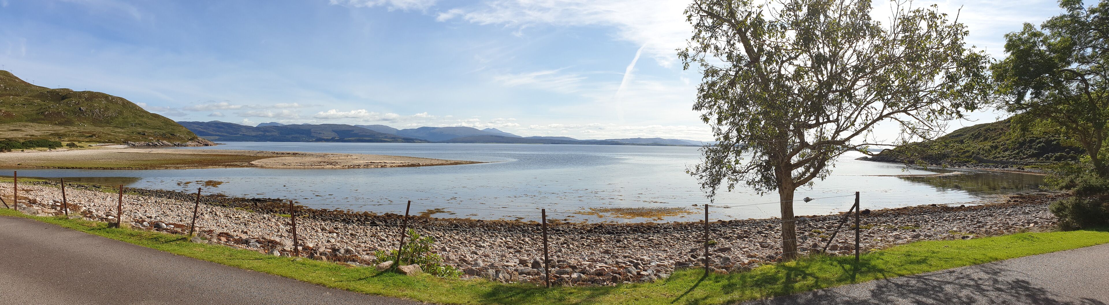 A lake with a rocky shoreline, a tree, and distant mountains.