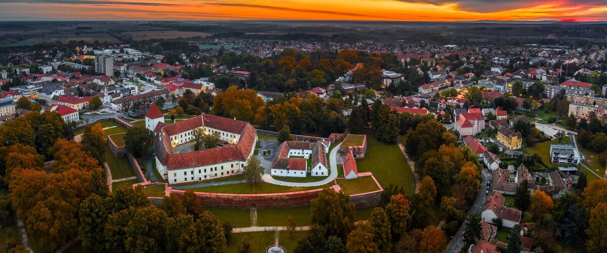 An aerial view of a town with a prominent historical fort surrounded by residential buildings and autumn foliage.