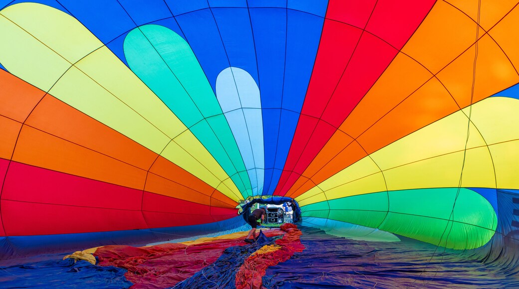 A hot air balloon with a multicolored envelope.