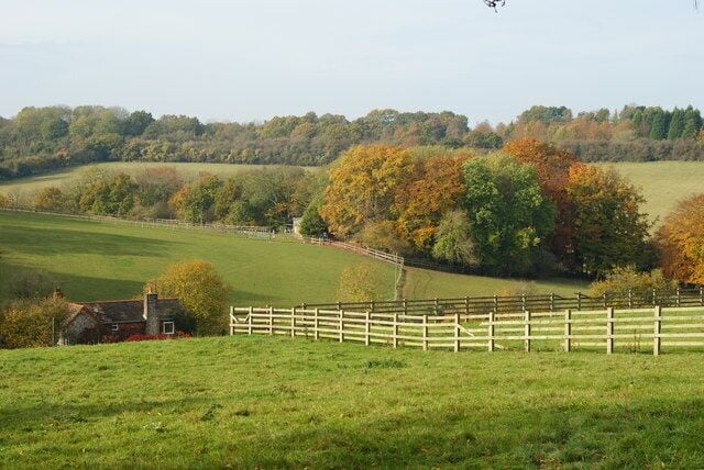 View Towards Kingswood Picture taken from Mugswell. The building, to the left of picture, is on a sunken lane, and has an adjoining kennels. Kingswood is just over the brow of the distant hill; housing hidden by the belt of woodland.