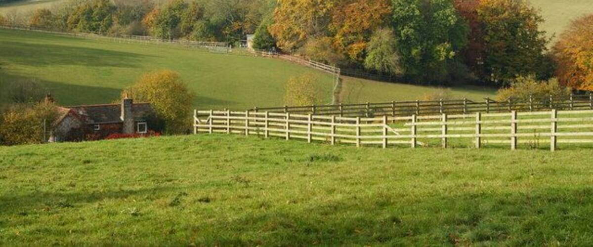 View Towards Kingswood Picture taken from Mugswell. The building, to the left of picture, is on a sunken lane, and has an adjoining kennels. Kingswood is just over the brow of the distant hill; housing hidden by the belt of woodland.