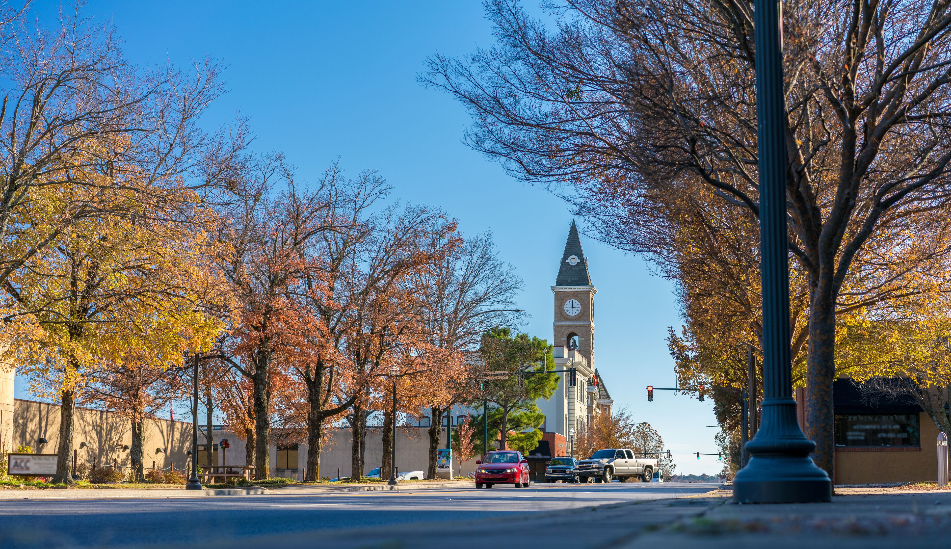 A street with autumn trees, a clock tower, and parked cars.