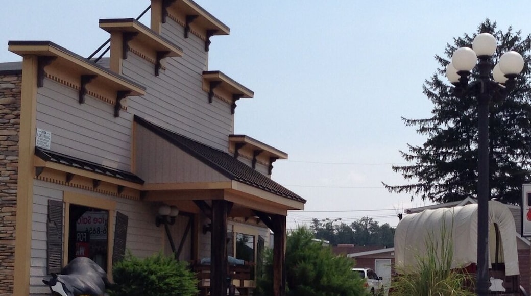 The covered wagon version of a blown out tire at a ridiculous old west themed shopping center in rural PA.