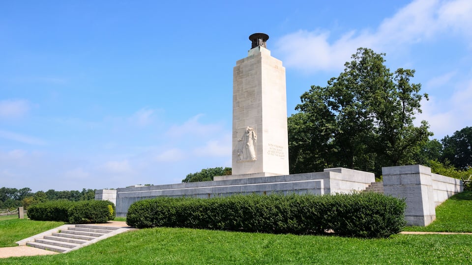A tall monument with a statue on top, surrounded by grass and trees.
