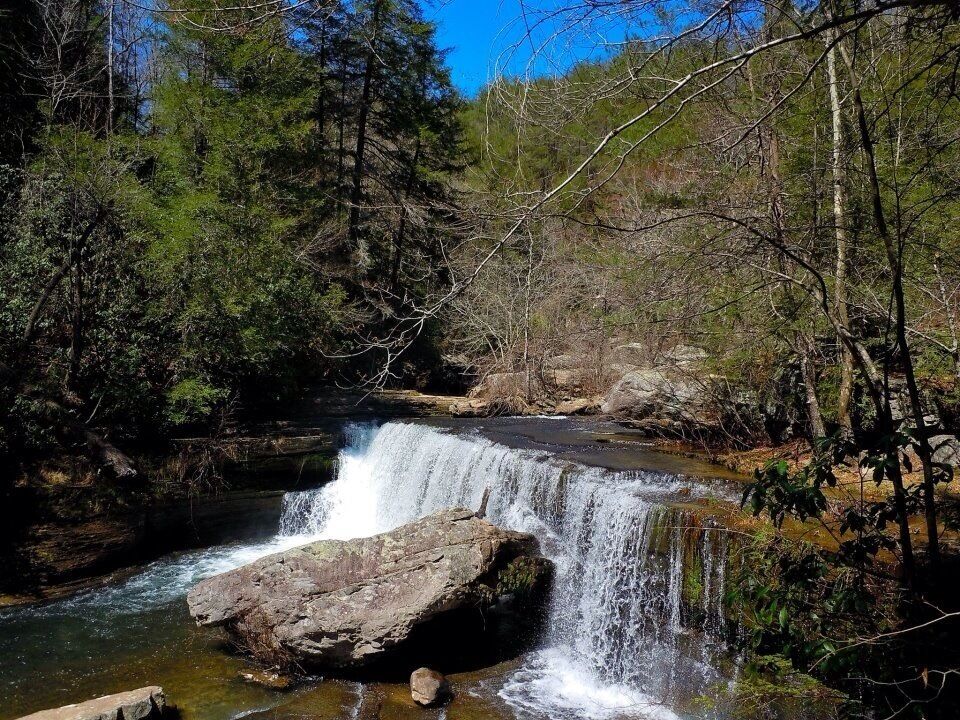 A waterfall cascading over rocks in a forested area.