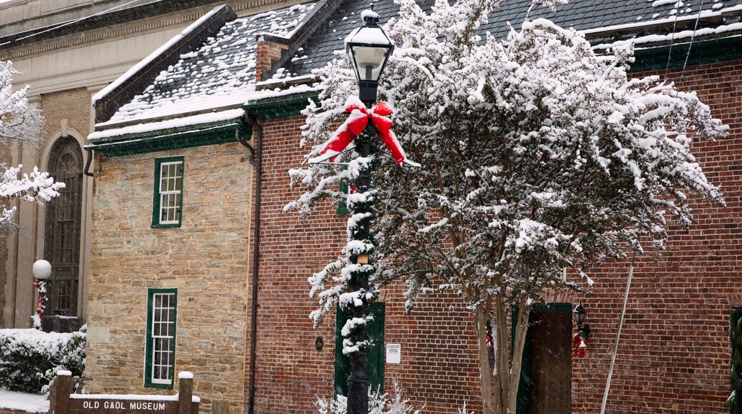 Old jail in Warrenton Virginia at Christmas time in the snow in Fauquier County