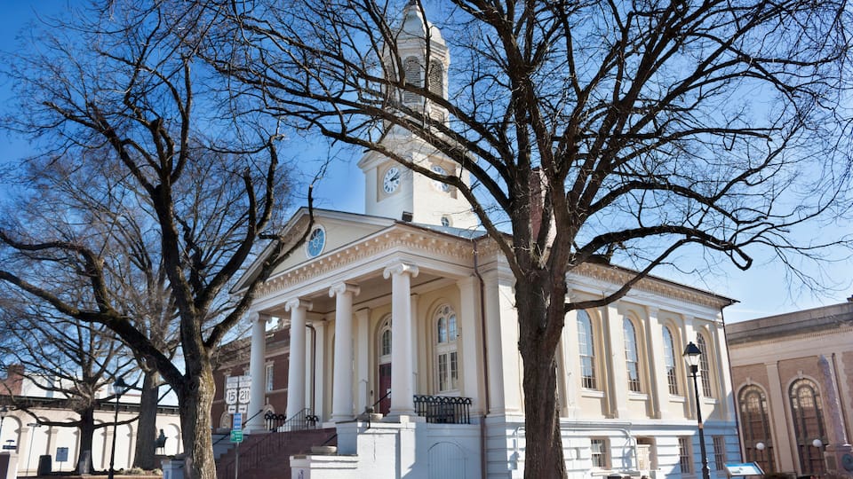 A historic building with a clock tower, large columns, and a prominent tree in front.