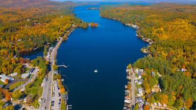 Alton Bay at Lake Winnipesaukee aerial view and village of Alton Bay in fall in town of Alton, New Hampshire NH, USA.