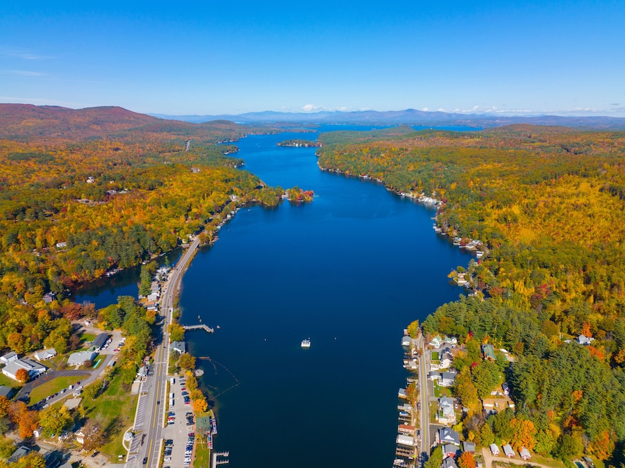 Alton Bay at Lake Winnipesaukee aerial view and village of Alton Bay in fall in town of Alton, New Hampshire NH, USA.