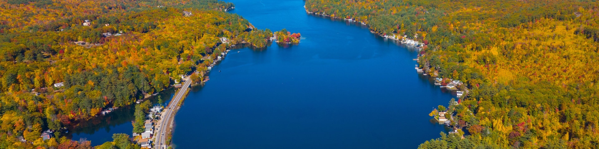 Alton Bay at Lake Winnipesaukee aerial view and village of Alton Bay in fall in town of Alton, New Hampshire NH, USA.