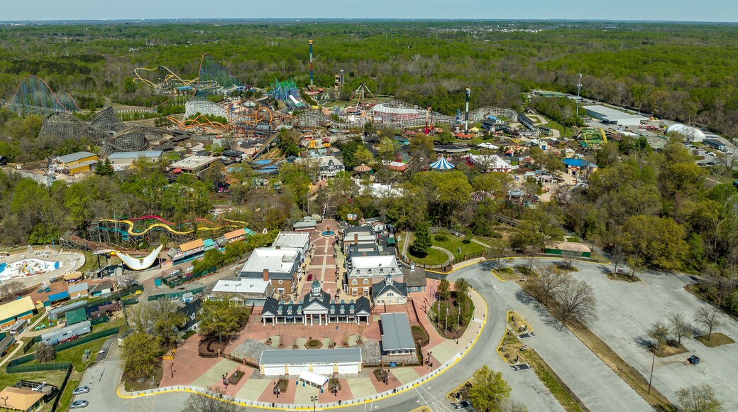 Aerial view of American amusement park with empty rides, roller coasters during the pandemic