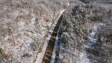 Aerial of KY Route 7 Surrounded by Snow Covered Forests - Grayson Lake State Park - Appalachian Mountains of Eastern Kentucky