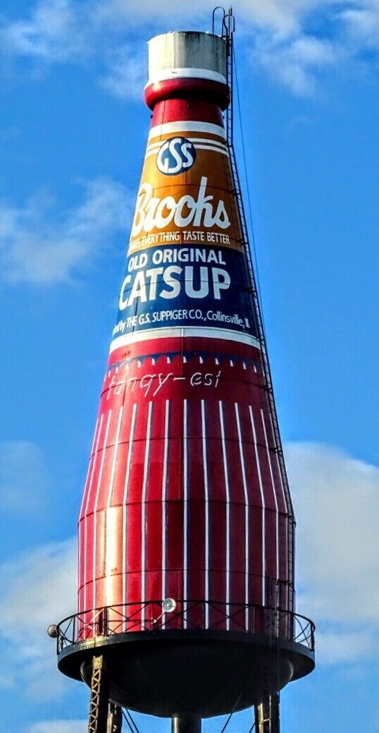 "The world's largest catsup bottle" can be found in the form of a water tower in Collinsville, Illinois.