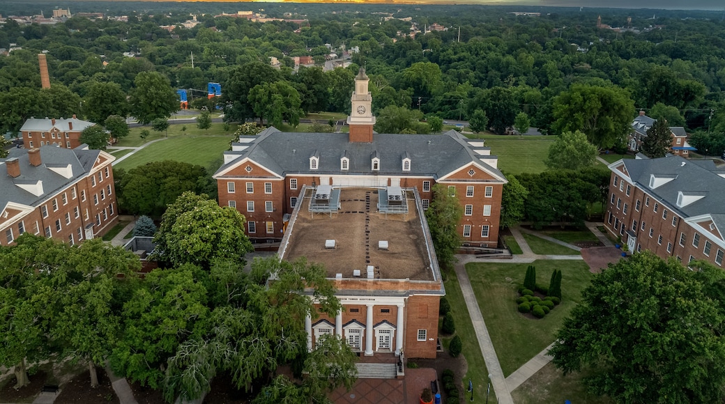 Aerial view of Virginia Hall, central building of Virginia State University public historically Black land-grant university in Ettrick with dramatic colorful sunset sky