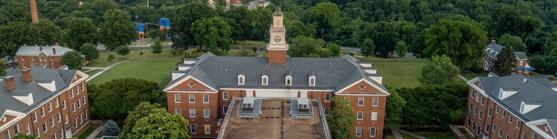 Aerial view of Virginia Hall, central building of Virginia State University public historically Black land-grant university in Ettrick with dramatic colorful sunset sky