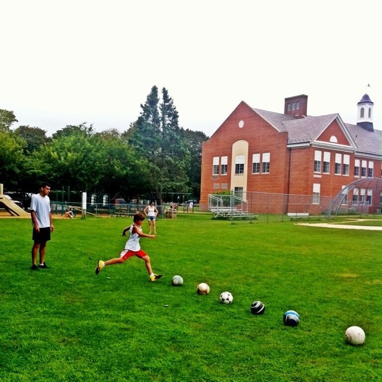 Terrific soccer field, baseball diamond, hoops court, and jungle gym at this under-used summer resource.  Sundays in the summer there is organized pick up kids baseball.  