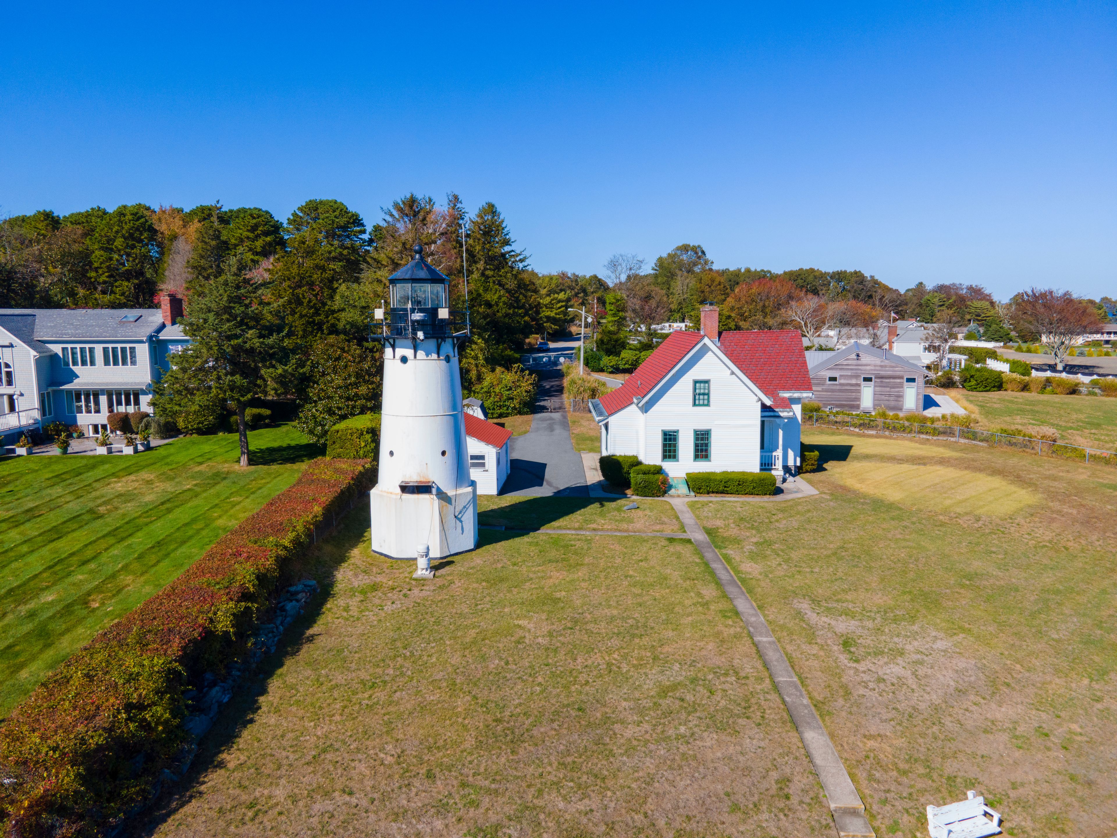 Warwick Lighthouse aerial view at Warwick Point in city of Warwick, Rhode Island RI, USA. 