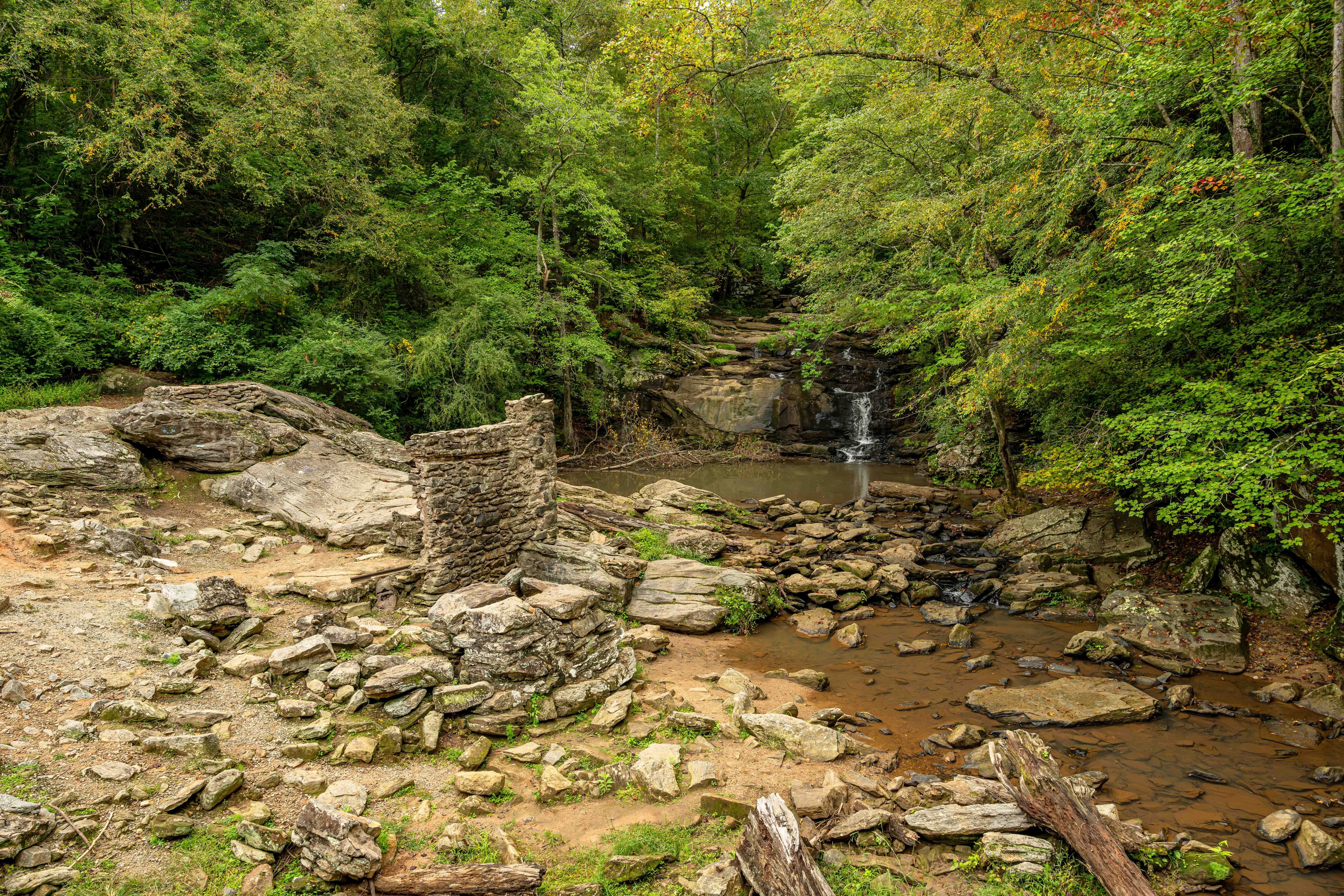 A forested area with a small waterfall, rocky terrain, and a stone structure.