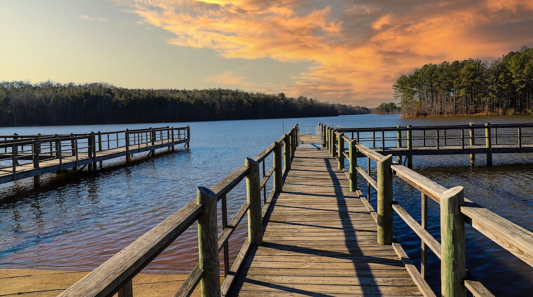a long gray wooden bridge on the vast blue lake water of Lake McIntosh with stunning skies and lush green and autumn colored trees on the banks of the lake at Lake McIntosh in Peachtree City Georgia