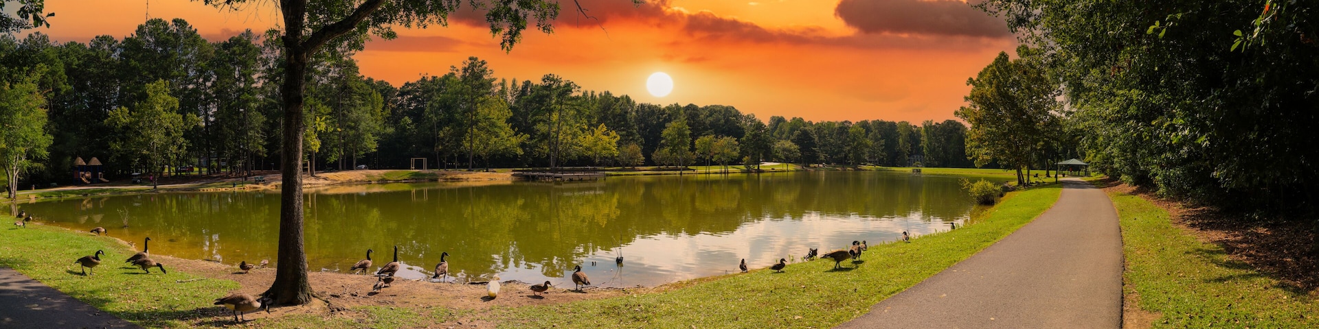Un parque tranquilo con un estanque, un sendero para caminar y una puesta de sol al fondo.