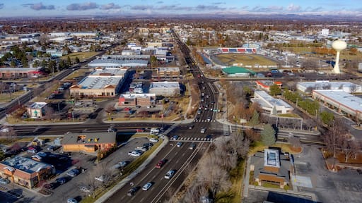 Aerial view of small-town Meridian Idaho with race track and water tower