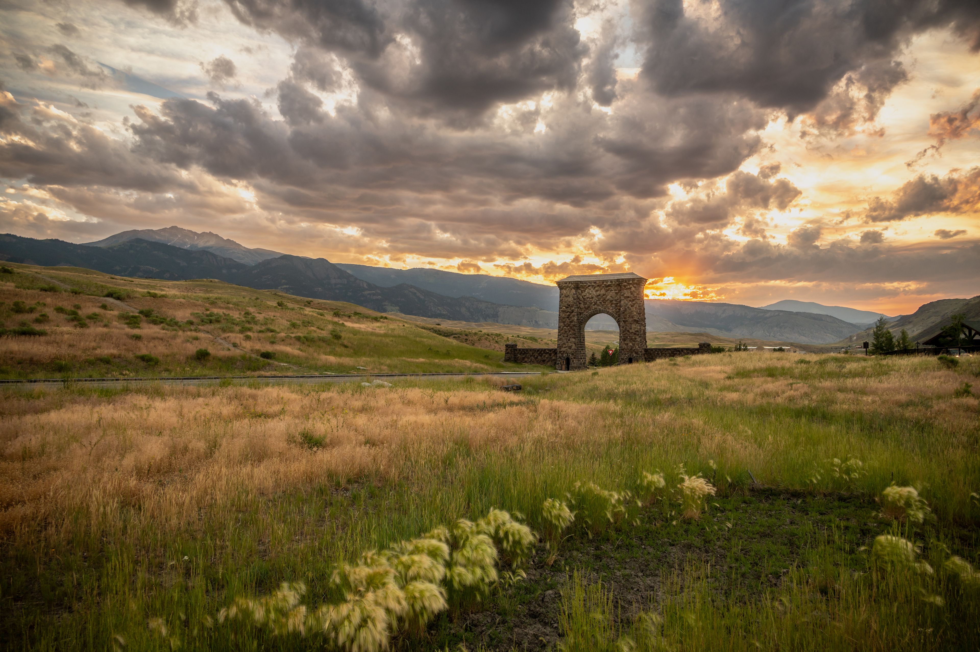 Sunset Behind Roosevelt Arch In Gardiner Montana