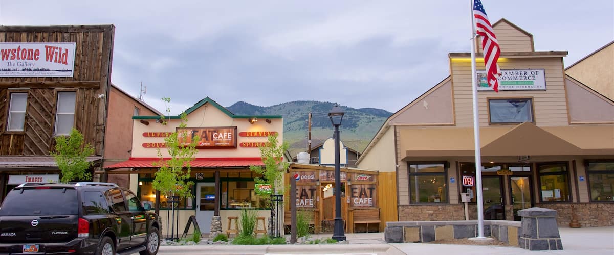 A downtown area with a variety of buildings, including a cafe and a gallery.