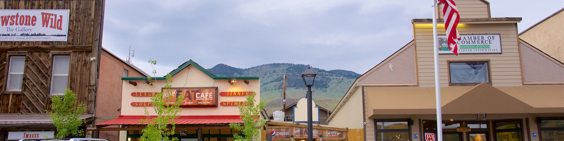 A downtown area with a variety of buildings, including a cafe and a gallery.