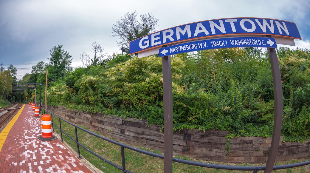 Direction sign in railway station. One city in Montgomery County, Maryland, located approximately 25–30 miles outside of the U.S. capital of Washington, D.C, Germantown, USA