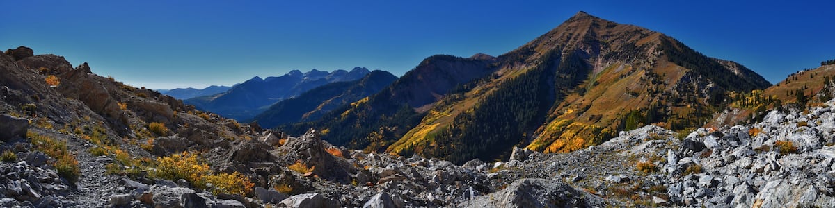 Box Elder Peak view looking up from hiking trail, American Fork Canyon. Wasatch Range Rocky Mountains, Utah, United States.