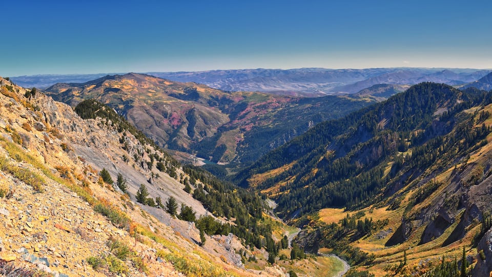 A mountainous landscape with a valley, rocky terrain, and dense forests.
