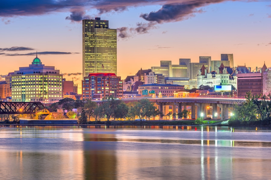 Albany, New York, USA skyline on the Hudson River