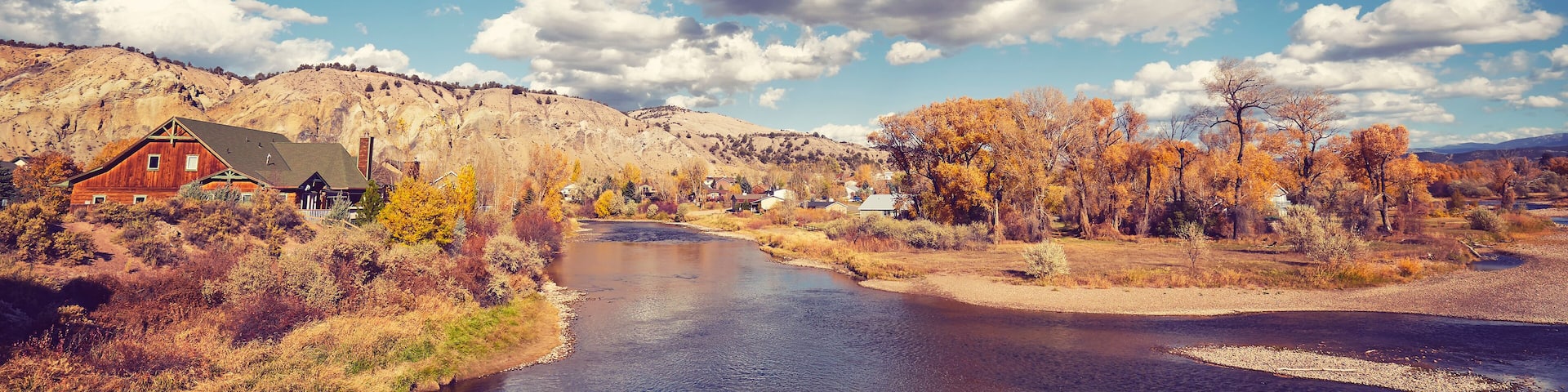 Vintage toned beautiful autumn landscape with Eagle River, Colorado, USA.