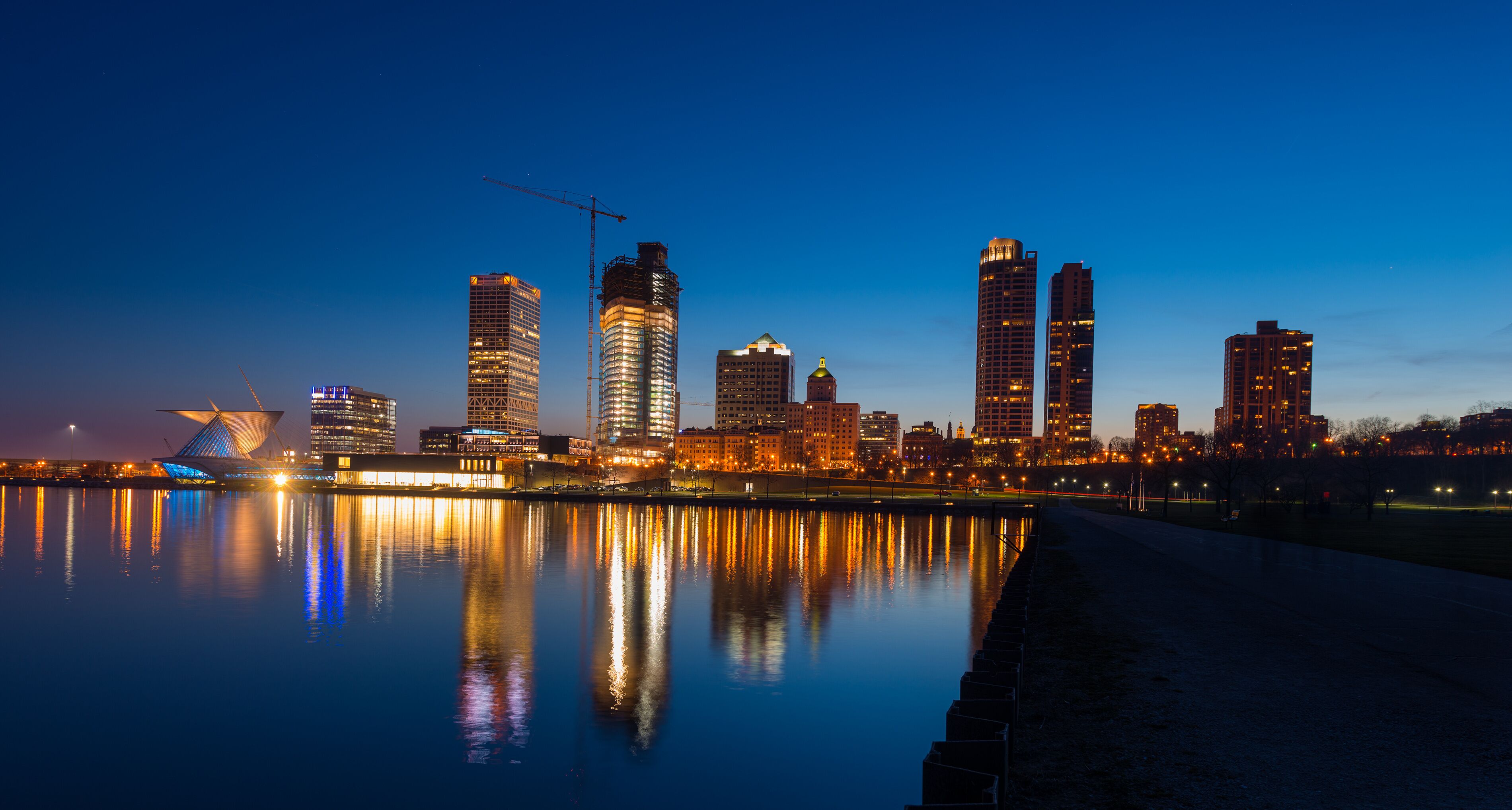 City of Milwaukee Wisconsin at Night lakefront lights reflection in lake Michigan