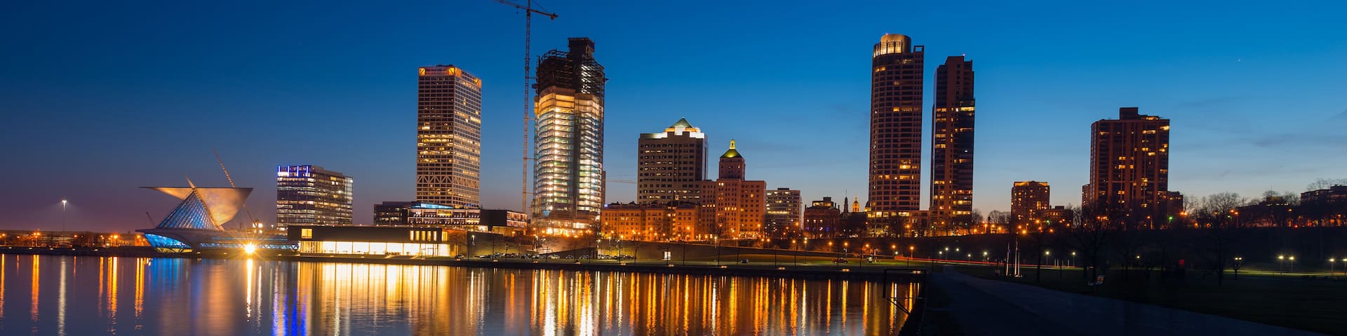 City of Milwaukee Wisconsin at Night lakefront lights reflection in lake Michigan