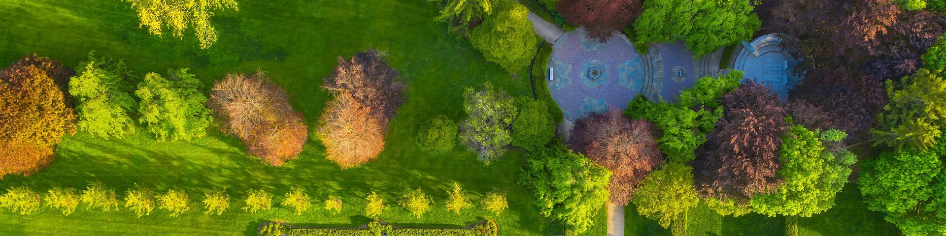Aerial view of the terraces at Cantigny Park in Wheaton, IL in early spring.