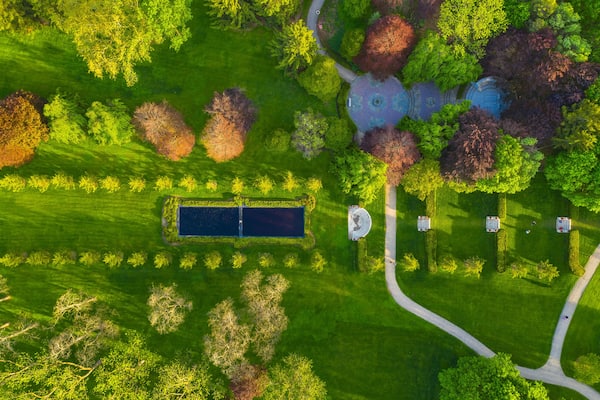 Aerial view of the terraces at Cantigny Park in Wheaton, IL in early spring.