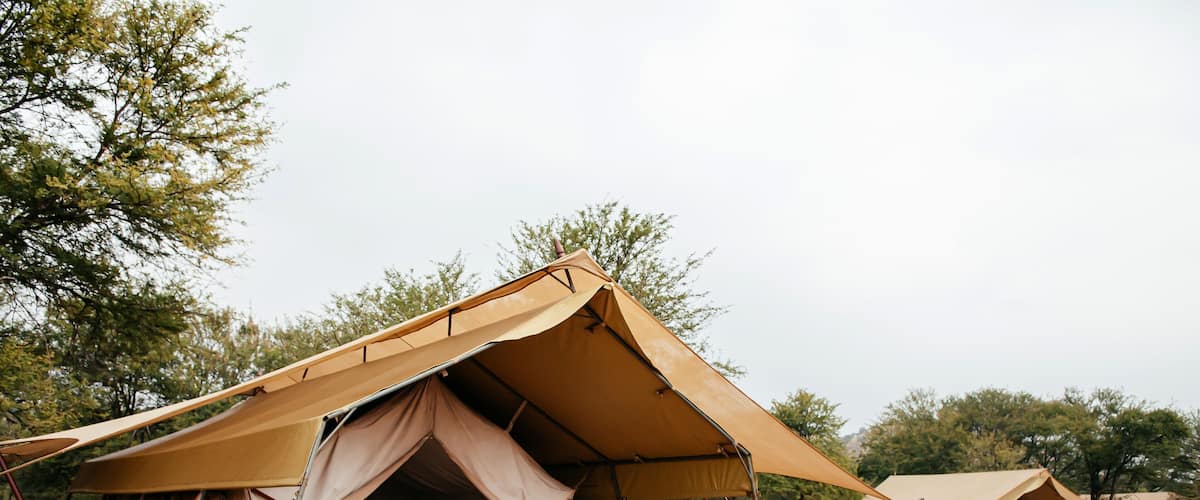 Luxury Safari tent camp in Serengeti Savanna forest - Glamping travel in Africa wild forest