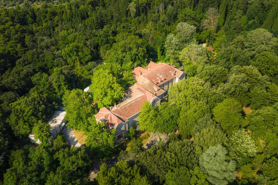 An aerial view of a house surrounded by dense forest.