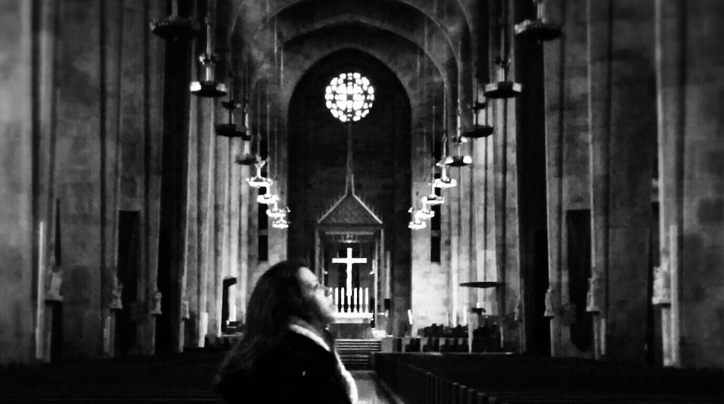 It's difficult not to stand and stare in awe inside the Cathedral of Mary Our Queen. I captured this image of a friend lost in the intricate art of hundreds of stained glass windows lining the cathedral walls.